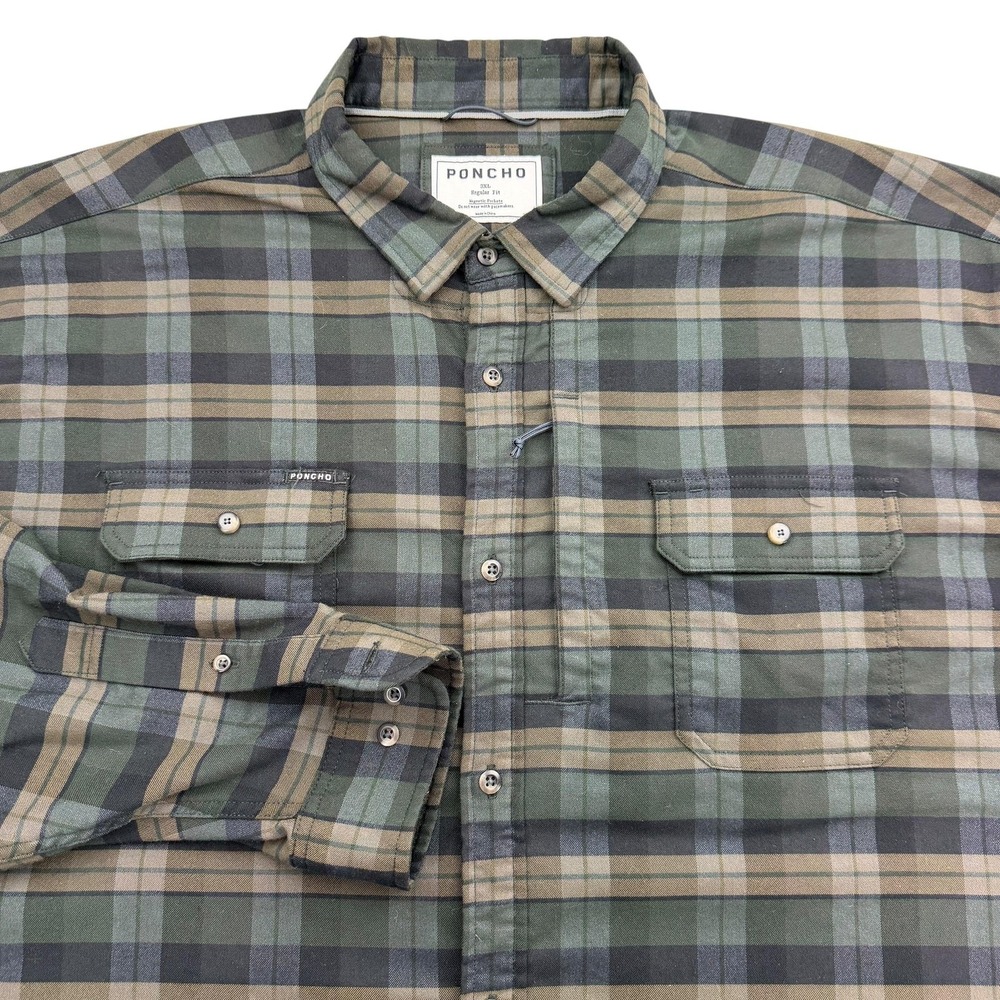 Poncho Shirt Mens 3XL Gray Plaid Long Sleeve Button Up Flannel Magnetic Pockets